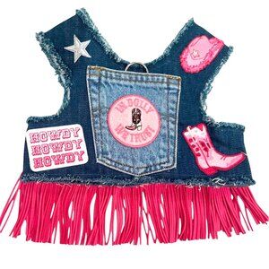 Dolly Cowgirl Custom Recycled Denim Dog Harness Country Fringe D-Ring Leash Pet